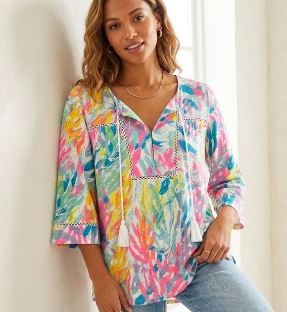 Lilly Pulitzer Tops - Lilly Pulitzer Colorful Abstract Paint Splash Slub Cotton Tassel Tunic Blouse XL